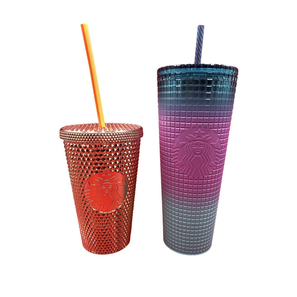 Starbucks Tumbler Set 16oz 24oz Rose Gold Studded Teal Purple Ombre Grid Cup
